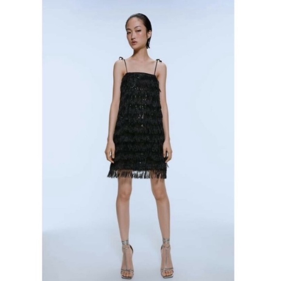 NWT Zara black sequined fringe party cocktail dress size M - Picture 2 of 8
